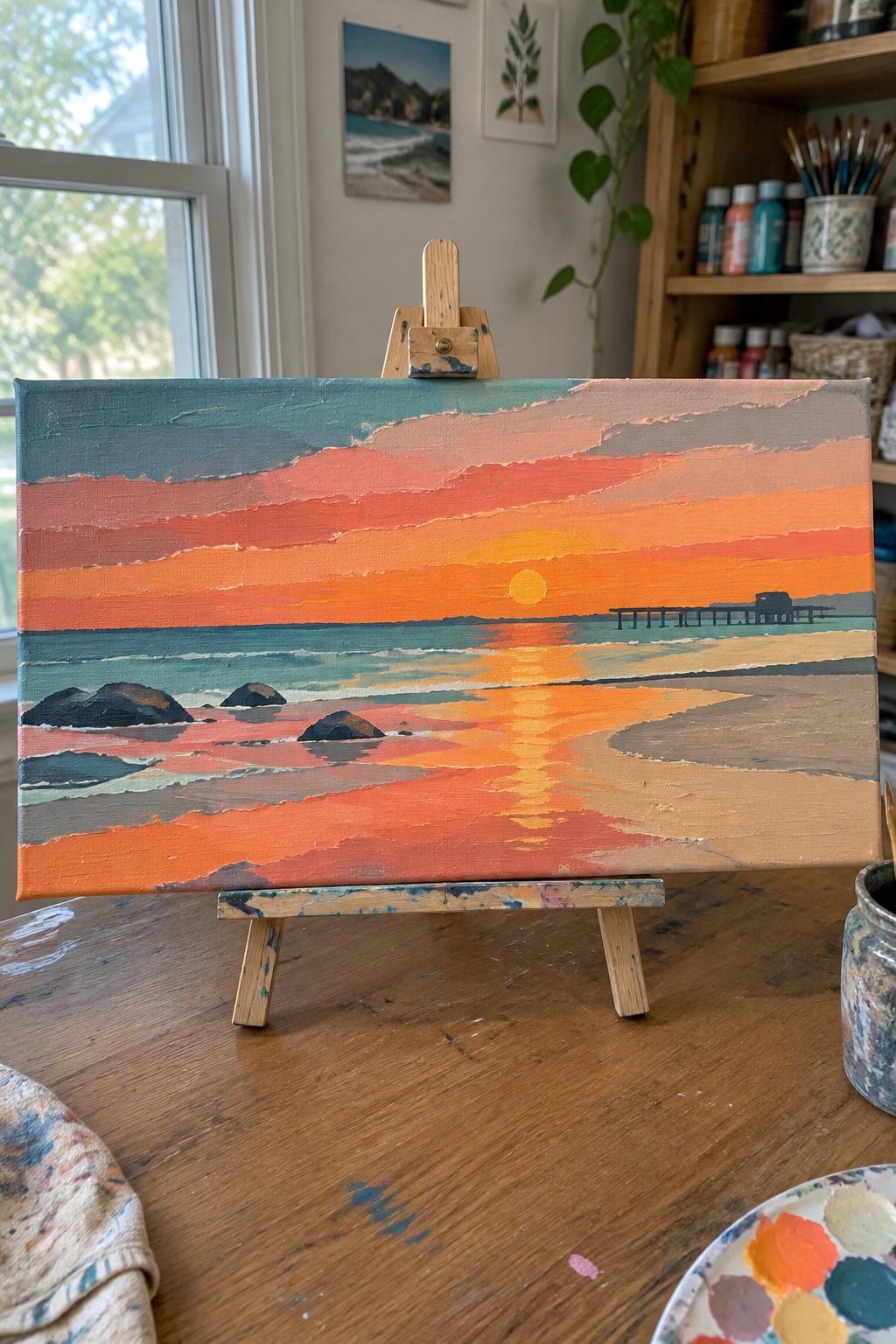 Vibrant sunset seascape painting with pier on easel amid art supplies