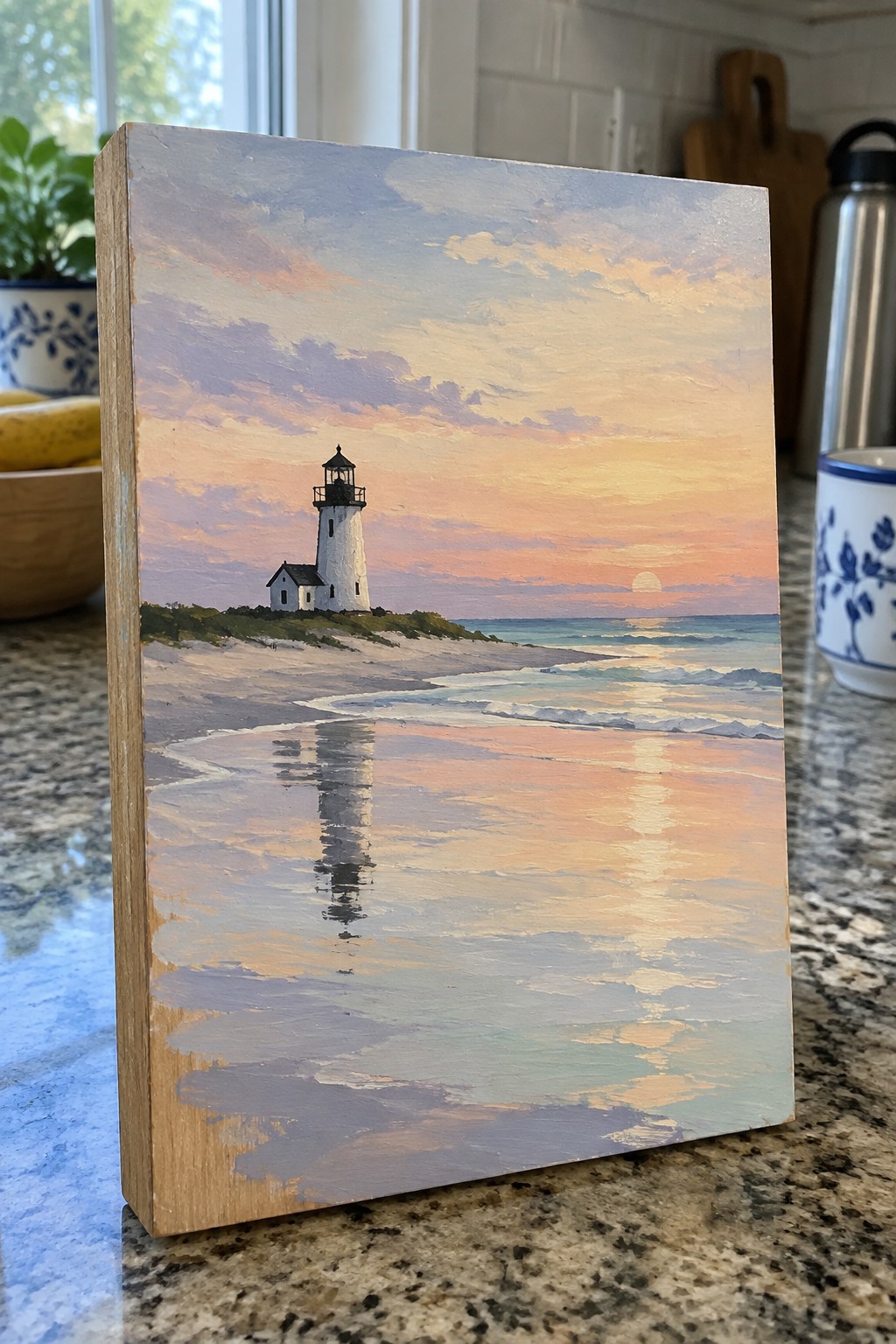 Oil painting of white lighthouse on beach at sunset with ocean reflections on wet sand.
