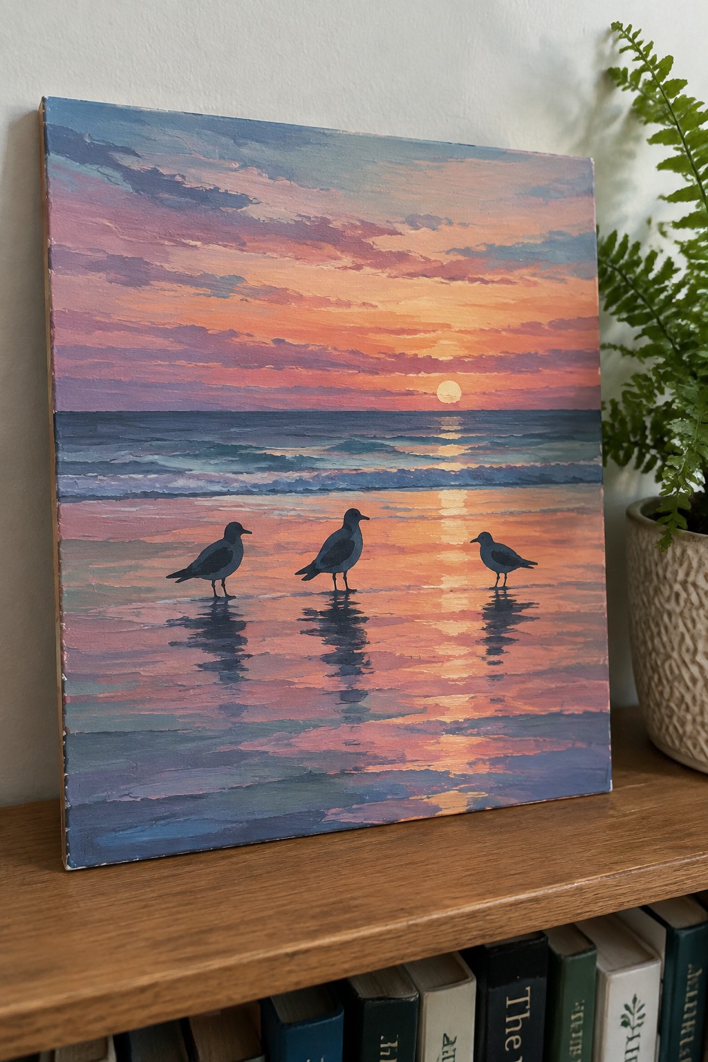 Three silhouetted birds on wet sand beneath vibrant pink-orange sunset sky on shelf