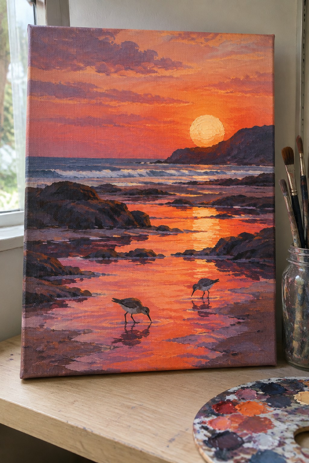 Sunset seascape painting with rocky shore, two wading birds, brushes in jar, and palette.