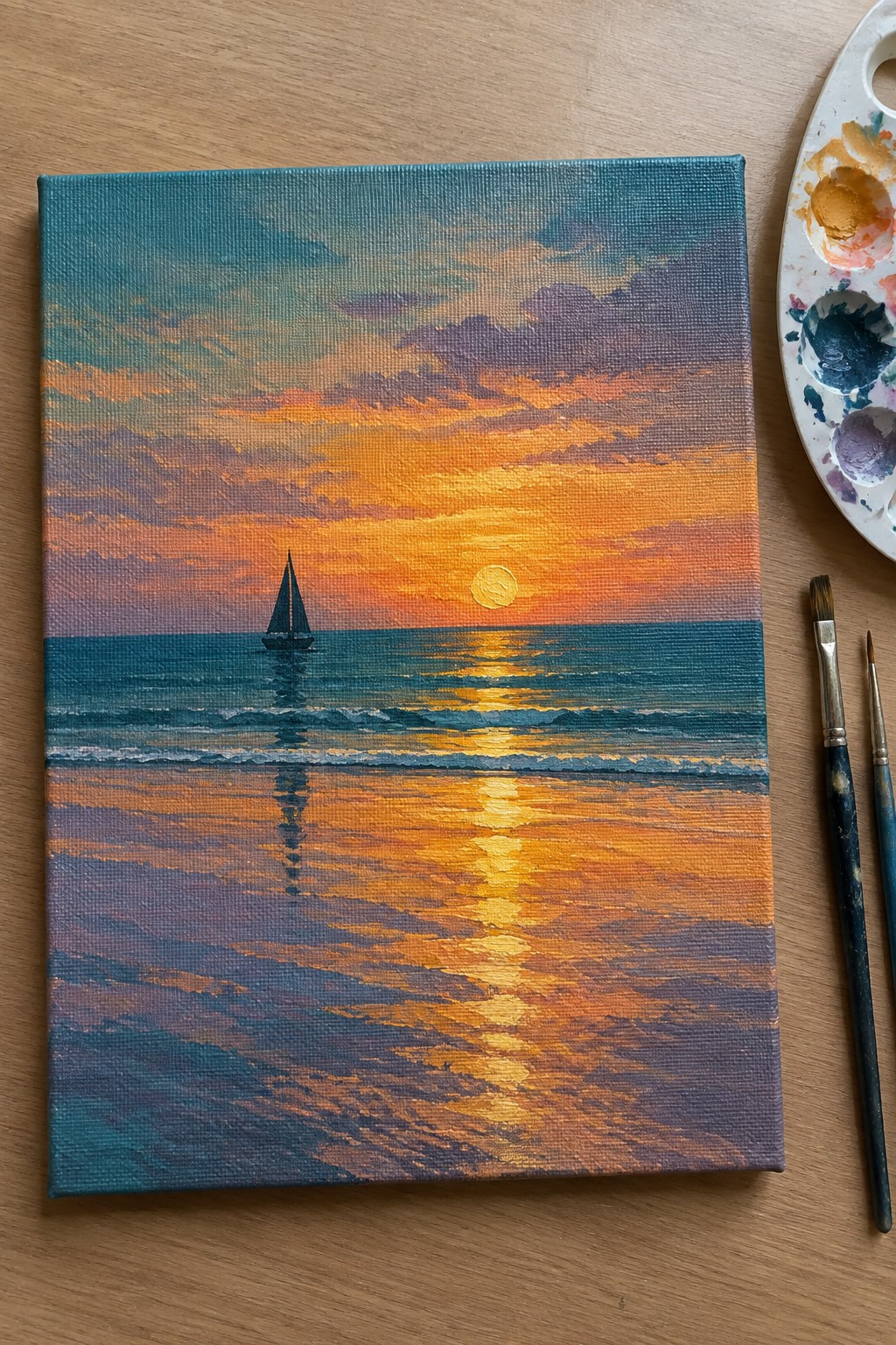 Painting of sailboat at sunset on canvas beside paint palette and brushes