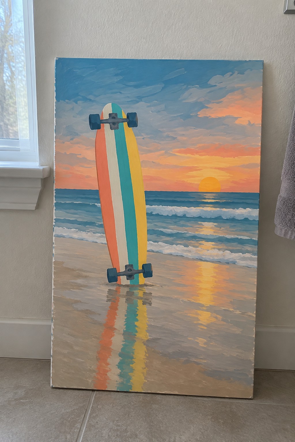 Striped orange teal yellow skateboard upright on beach at ocean sunset with reflection