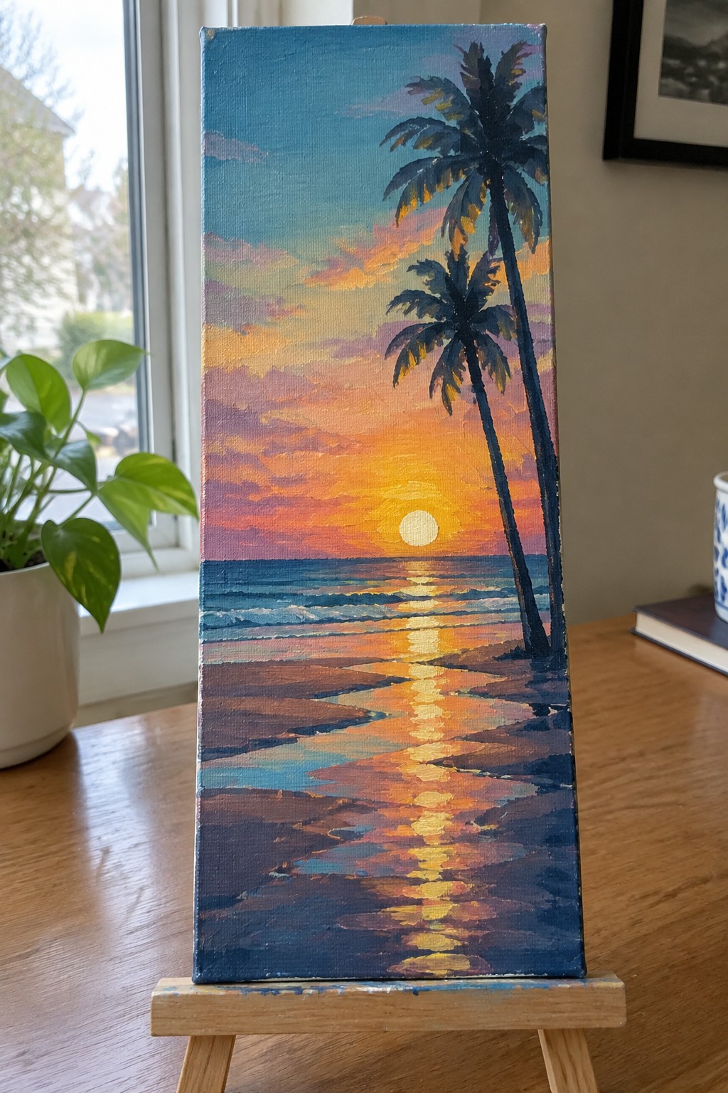 Colorful sunset beach painting with palm trees and ocean reflection on wooden easel.
