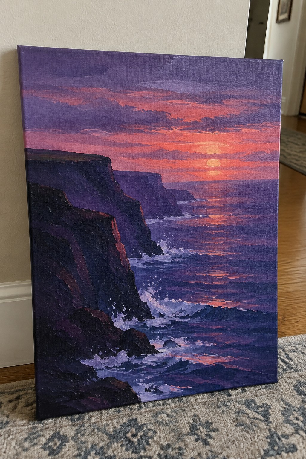 Purple-hued oil painting of ocean sunset with cliffs and crashing waves at dusk