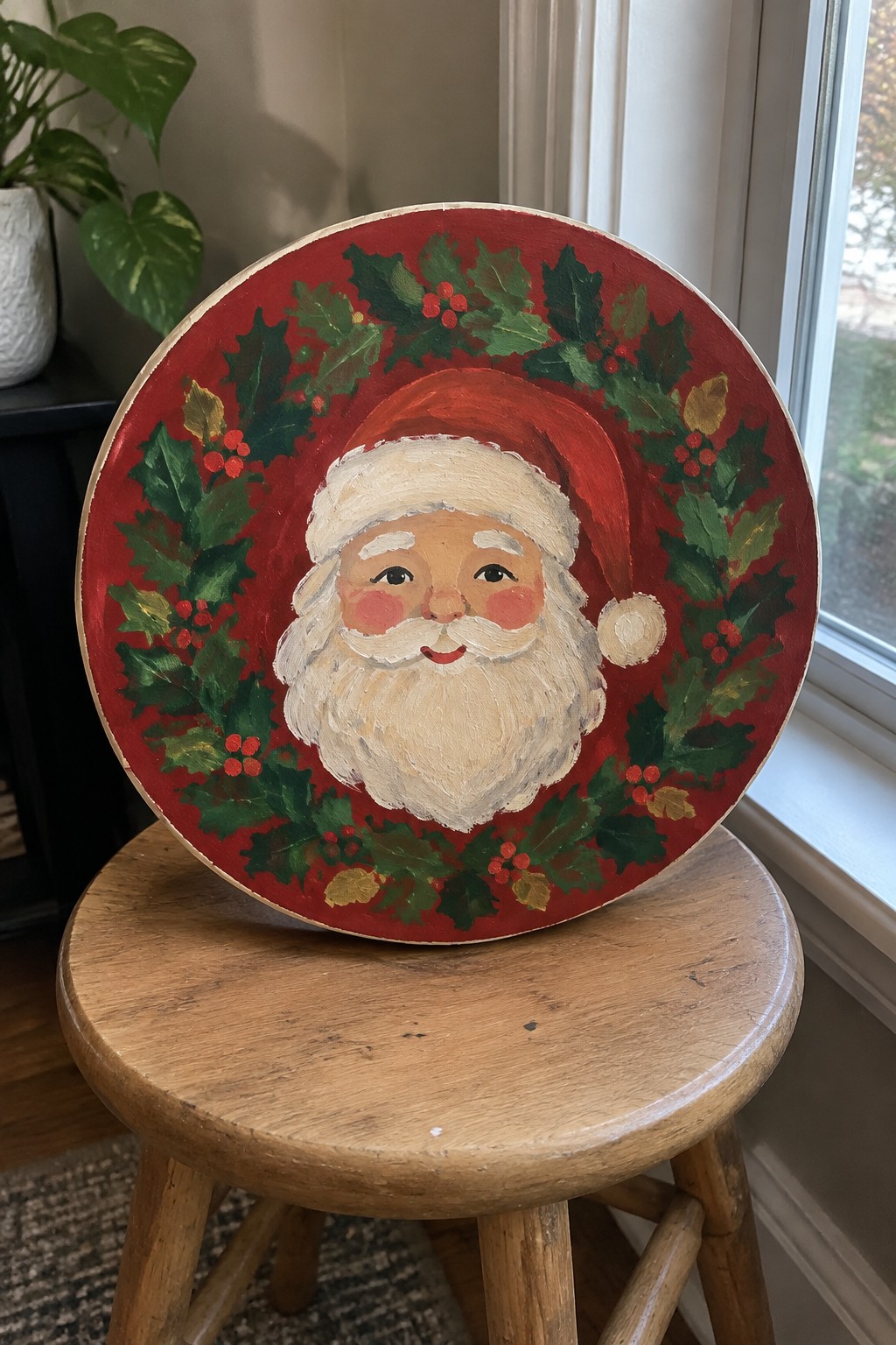 Hand-painted Santa face on red circular plaque with holly and berry border on stool