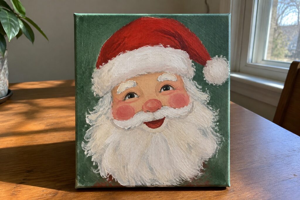 18 Cheerful Santa Acrylic Paintings With Simple Beginner-Friendly Details Santa Claus painting with red hat, white beard on green canvas atop wooden table