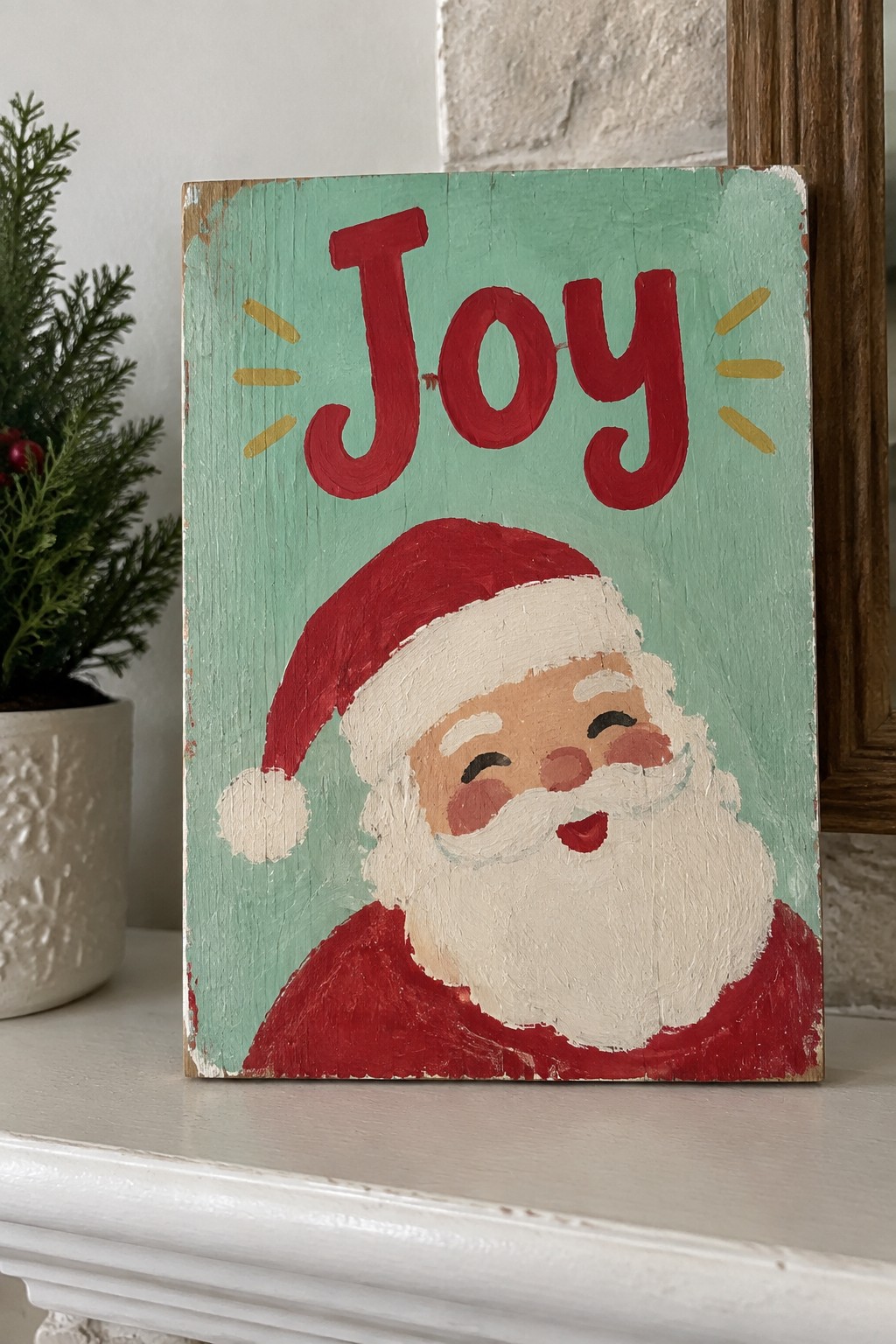 Distressed mint green wooden sign with red