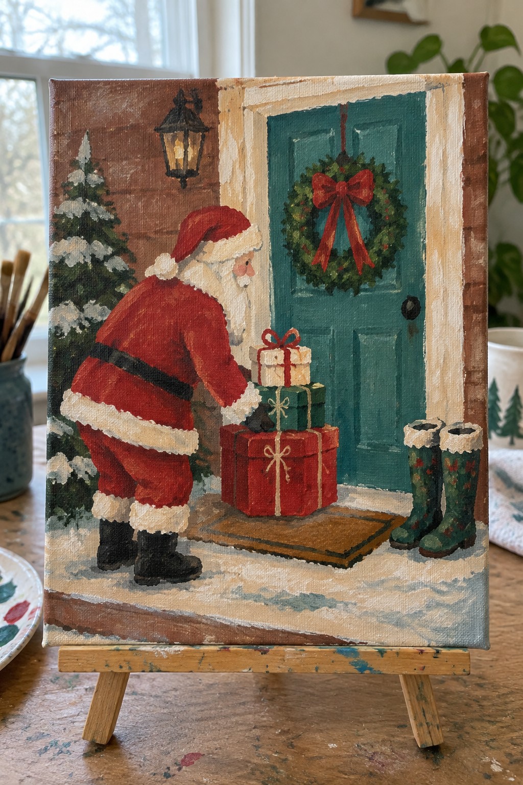 Santa in red suit places wrapped gifts at teal door with wreath on snowy porch.