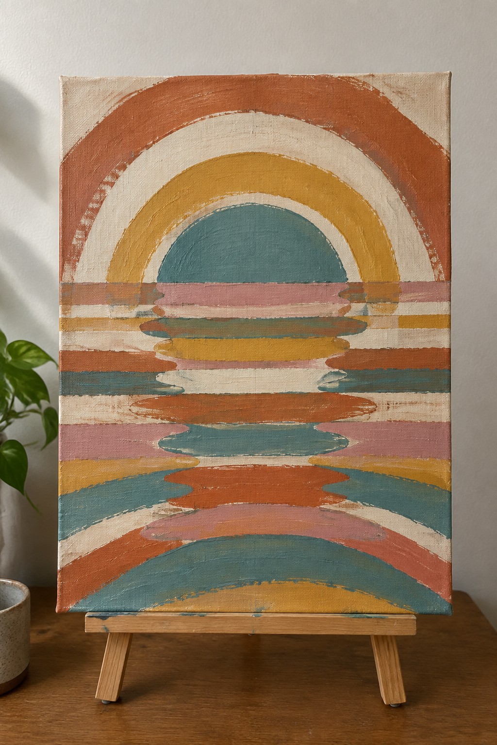 Abstract painting of colorful arched rainbow with wavy stripes on wooden easel