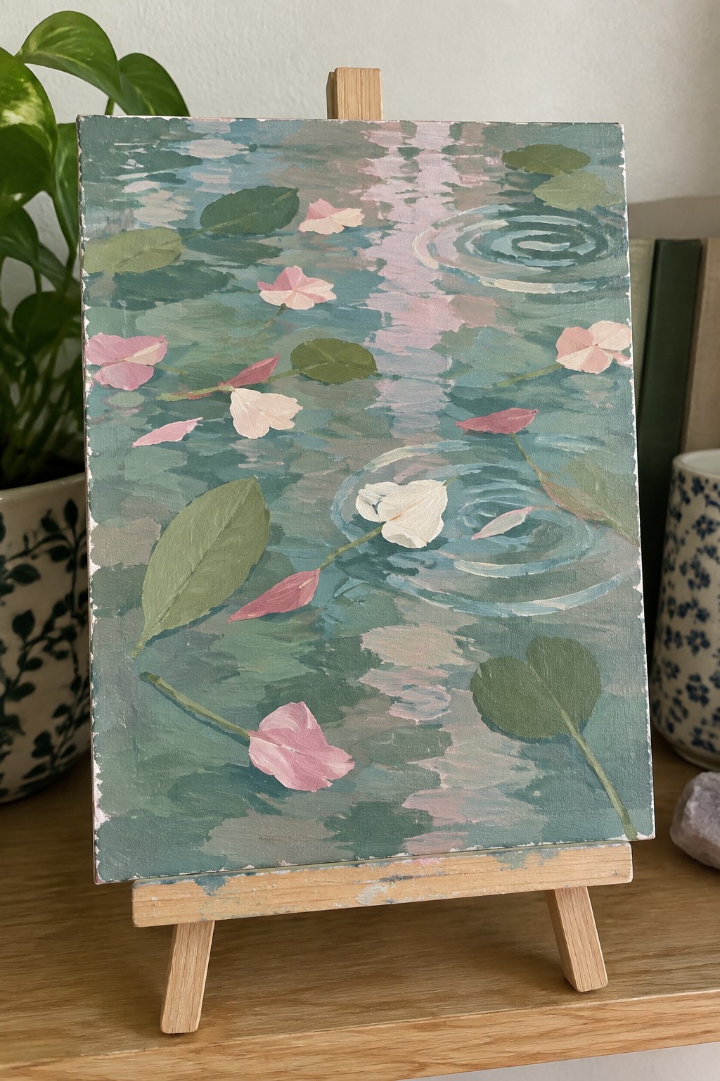 Painting on easel depicting pink flowers and green leaves floating on rippled teal water