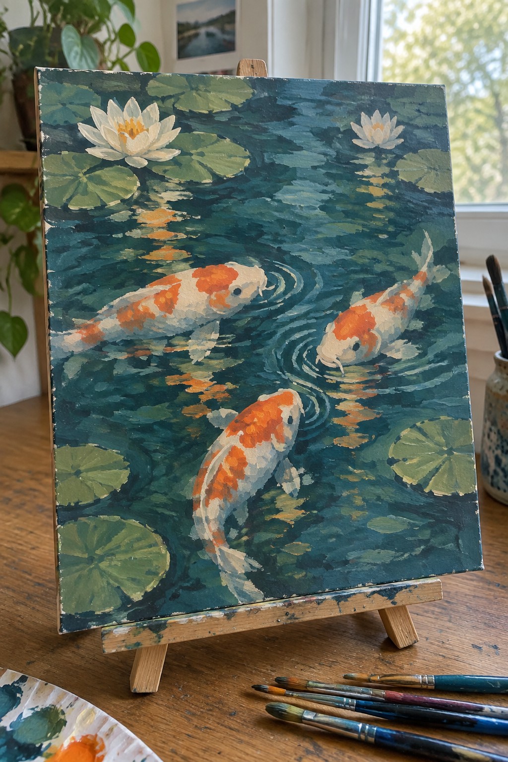 Three orange and white koi fish swim among lily pads in a pond painting on easel