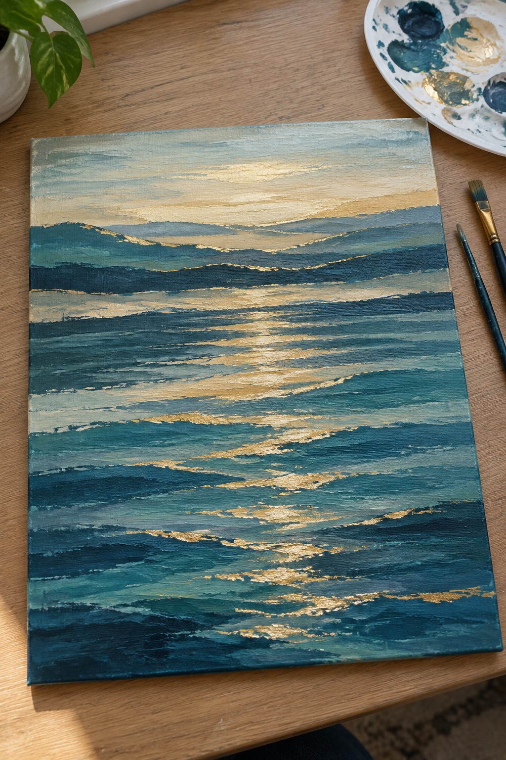 Blue and gold abstract seascape painting beside palette and brushes on wood