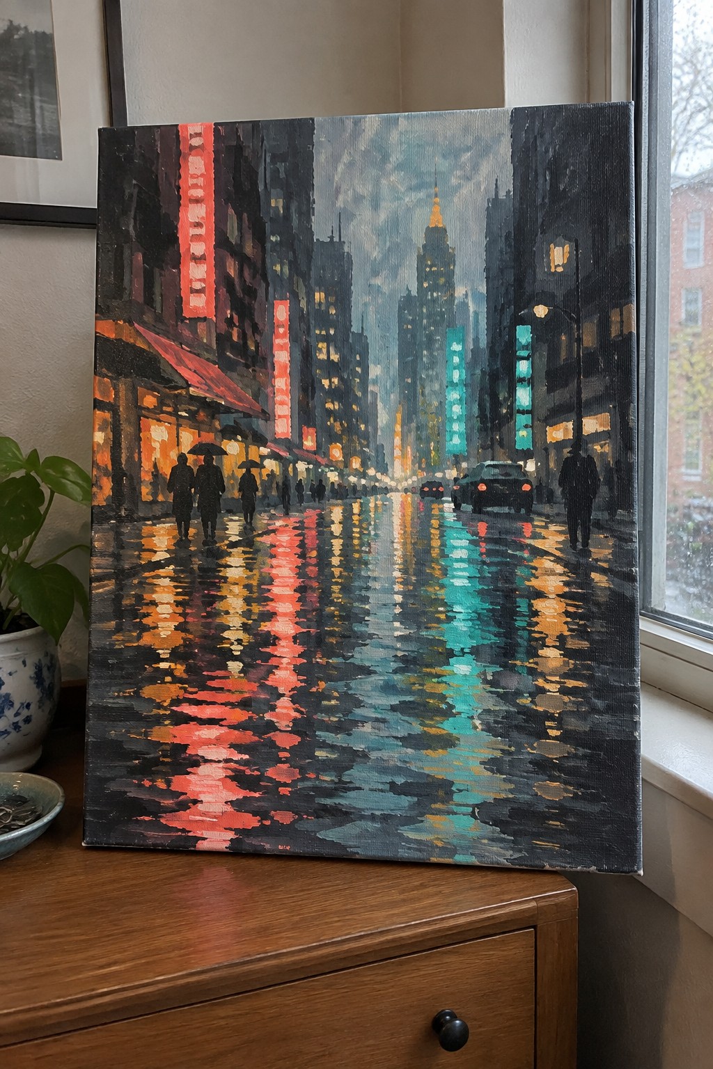 Rainy nighttime city street painting with colorful reflections, silhouetted pedestrians, and glowing signs