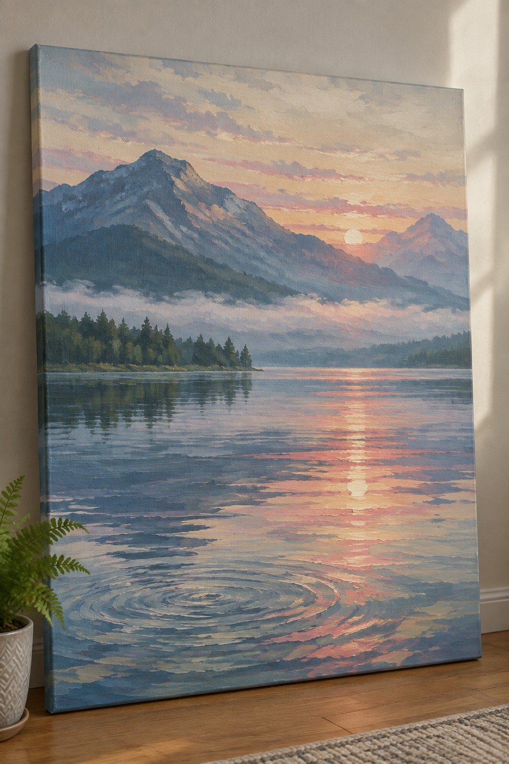 Oil painting of mountain sunset reflected in rippled lake, leaning beside potted plant