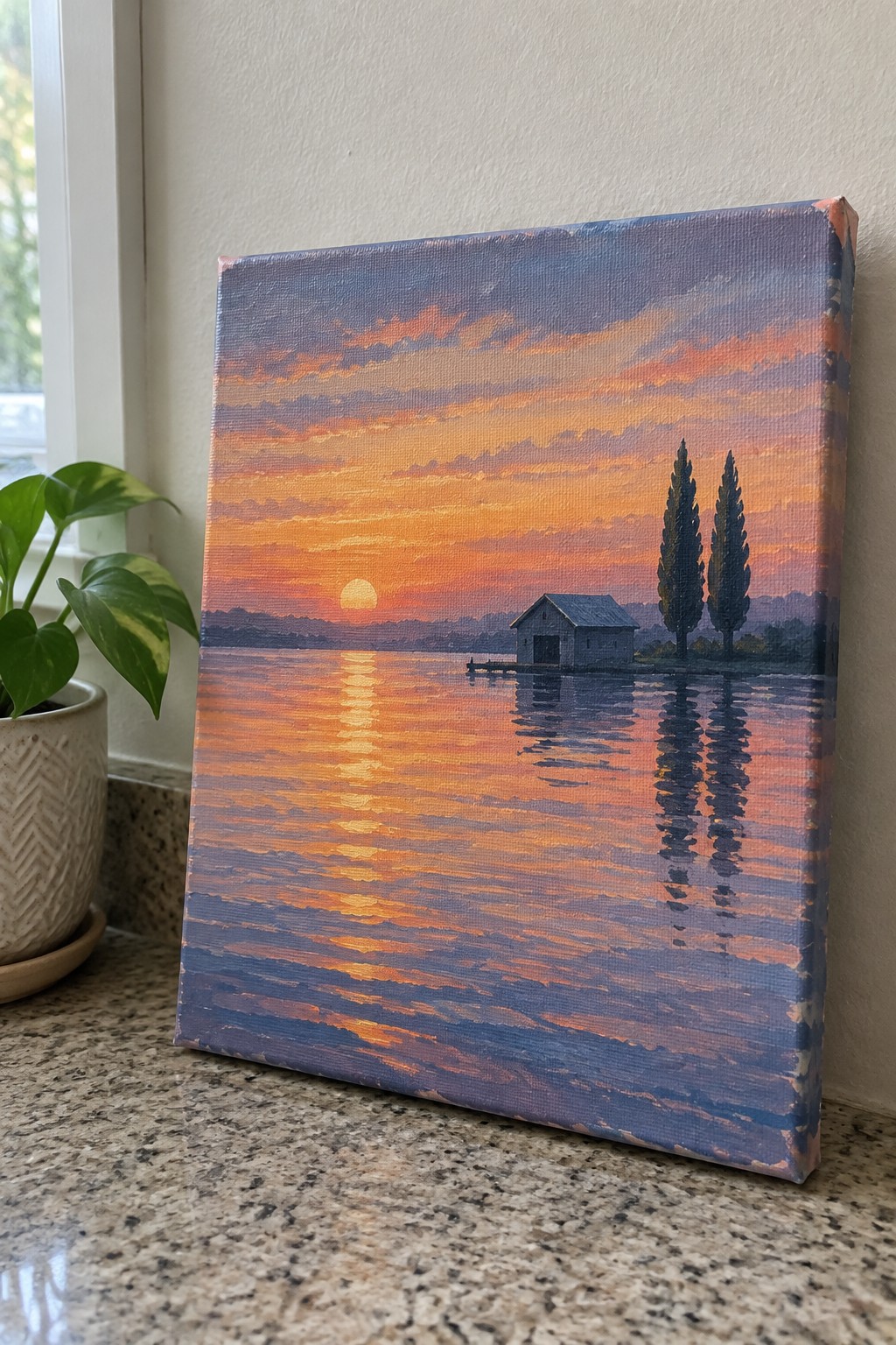 Canvas painting of sunset over water with house and trees beside potted plant on counter
