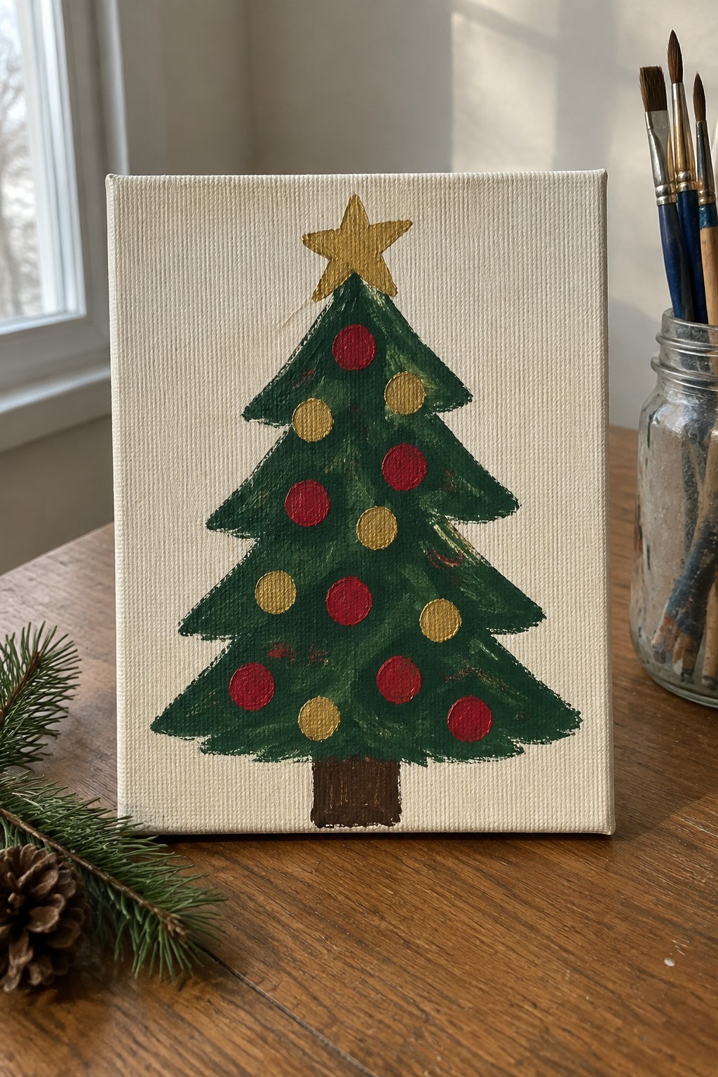 Christmas tree painting on canvas with red and gold ornaments on wooden table beside brushes.