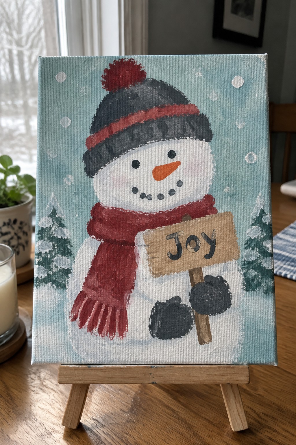 Snowman painting on easel with black hat, red scarf, mittens holding Joy sign