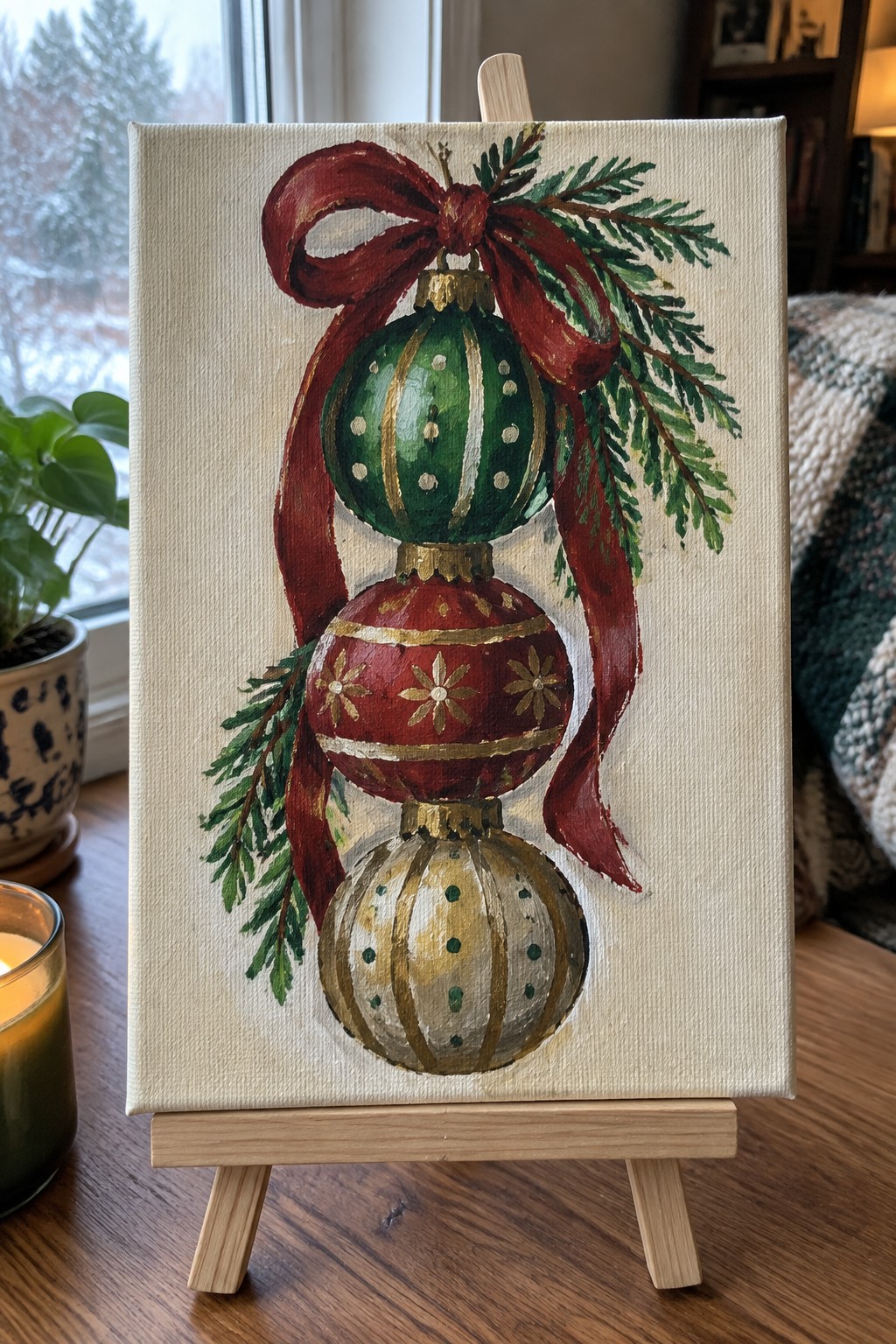 Stacked green, red, and gold Christmas ornaments with red bow and pine on easel