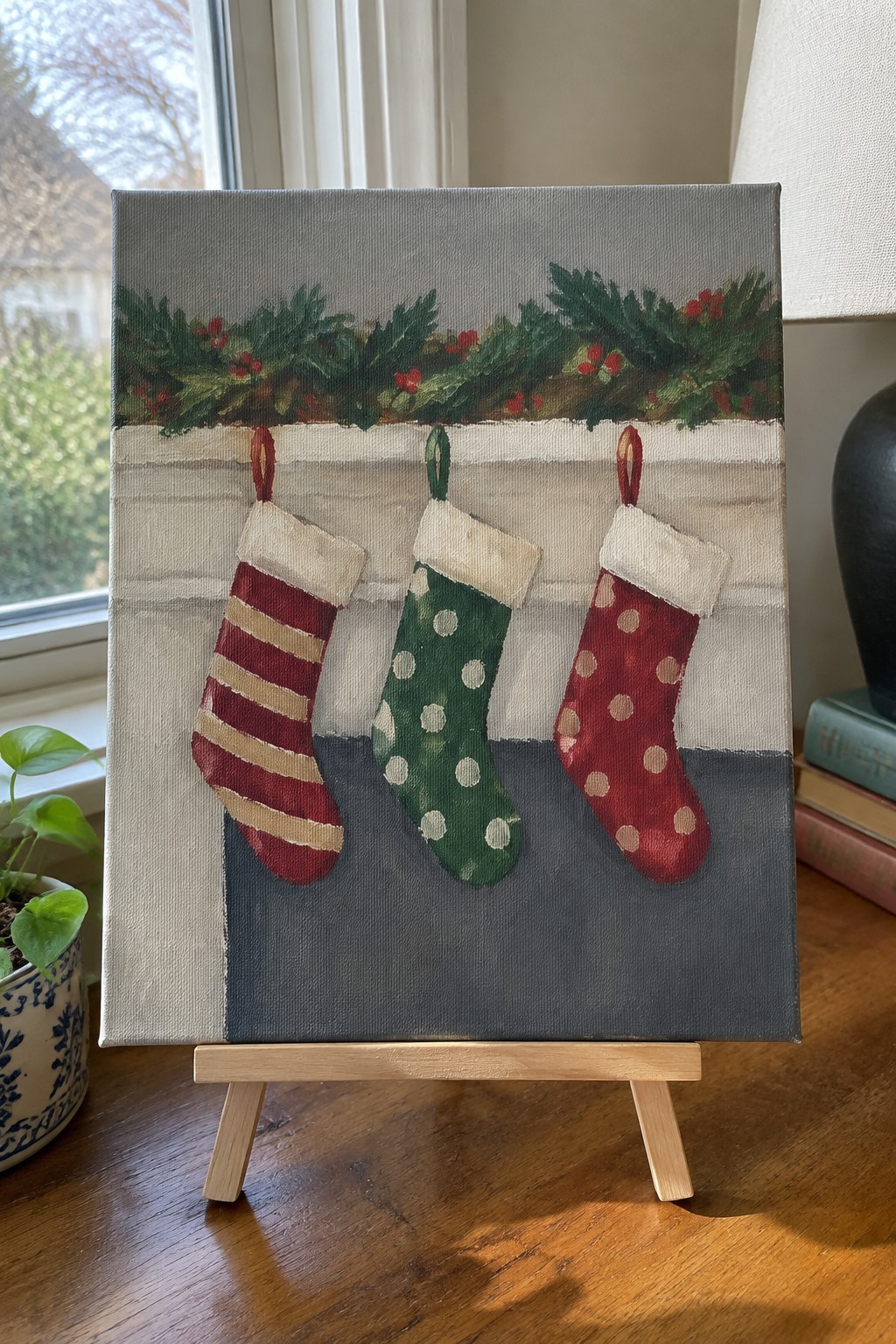 Three Christmas stockings with stripes and polka dots hang below a garland on a mantel.