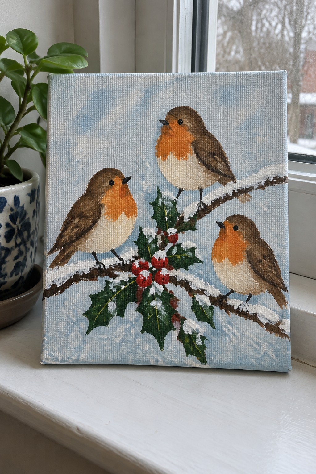 Three robins on snowy holly branch with red berries in canvas painting on windowsill