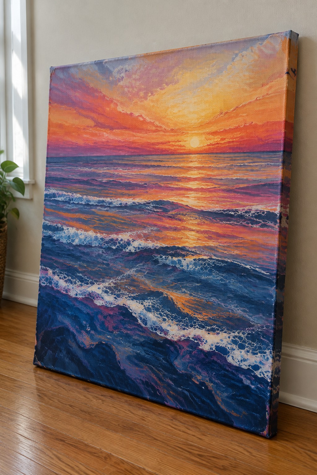 Vibrant sunset painting with orange sky, pink clouds, and blue foamy waves on canvas against wall