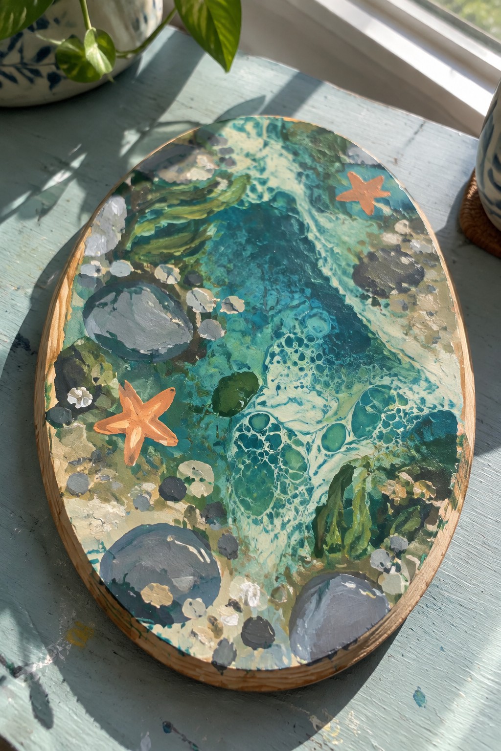 Oval wooden plaque with teal ocean, bubbles, two orange starfish, and gray rocks.