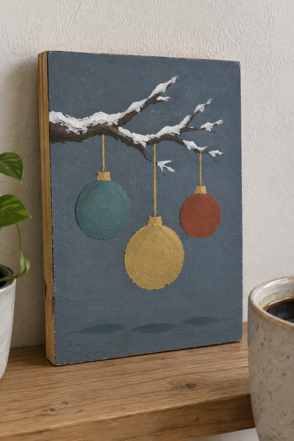 Blue painted panel with snowy branch and hanging teal, gold, red ornaments.