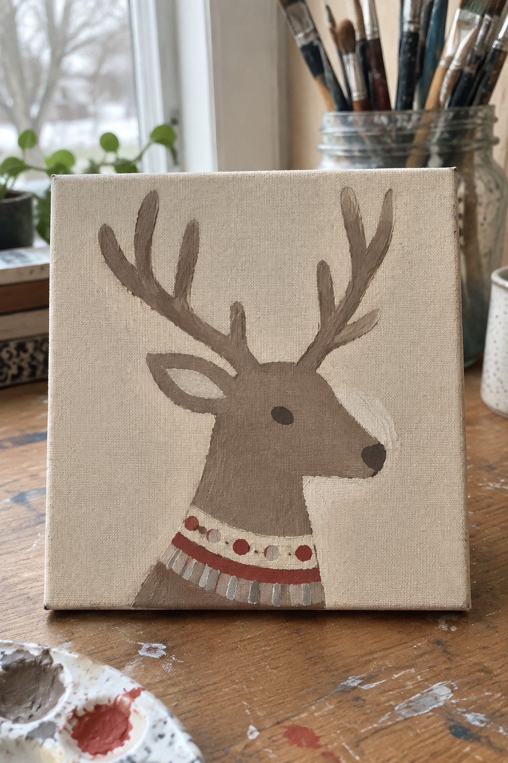 Canvas painting of brown deer with antlers and red patterned collar on wood table