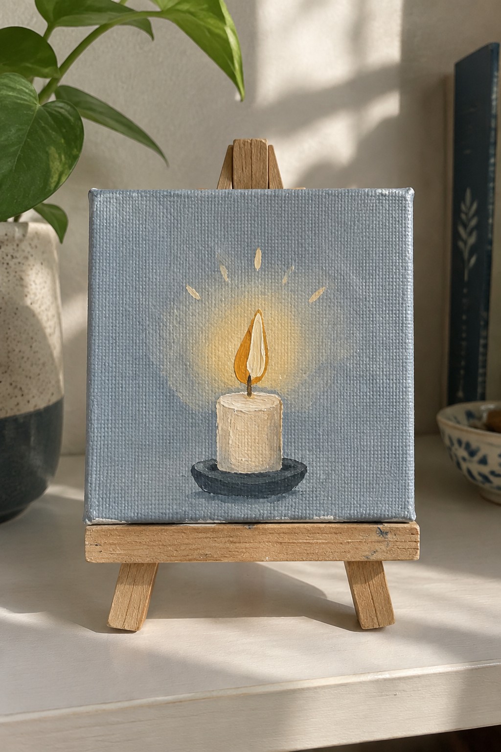 Small canvas on wooden easel shows lit candle glowing on light blue background