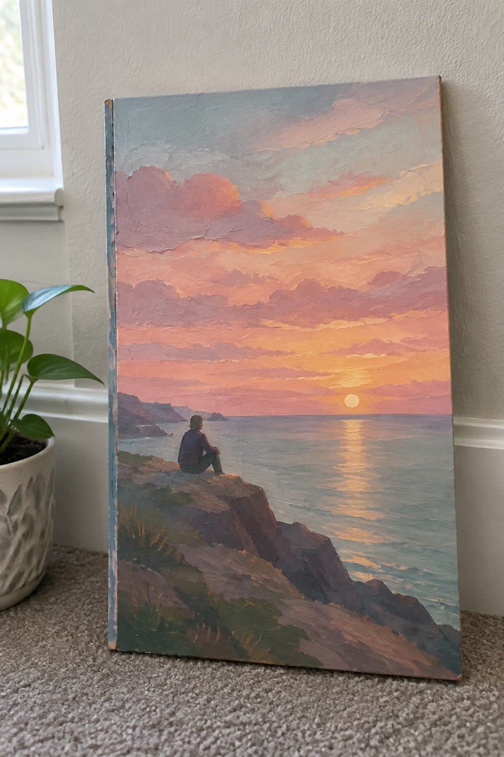 Oil painting of figure in dark clothes on cliff at pink-orange ocean sunset