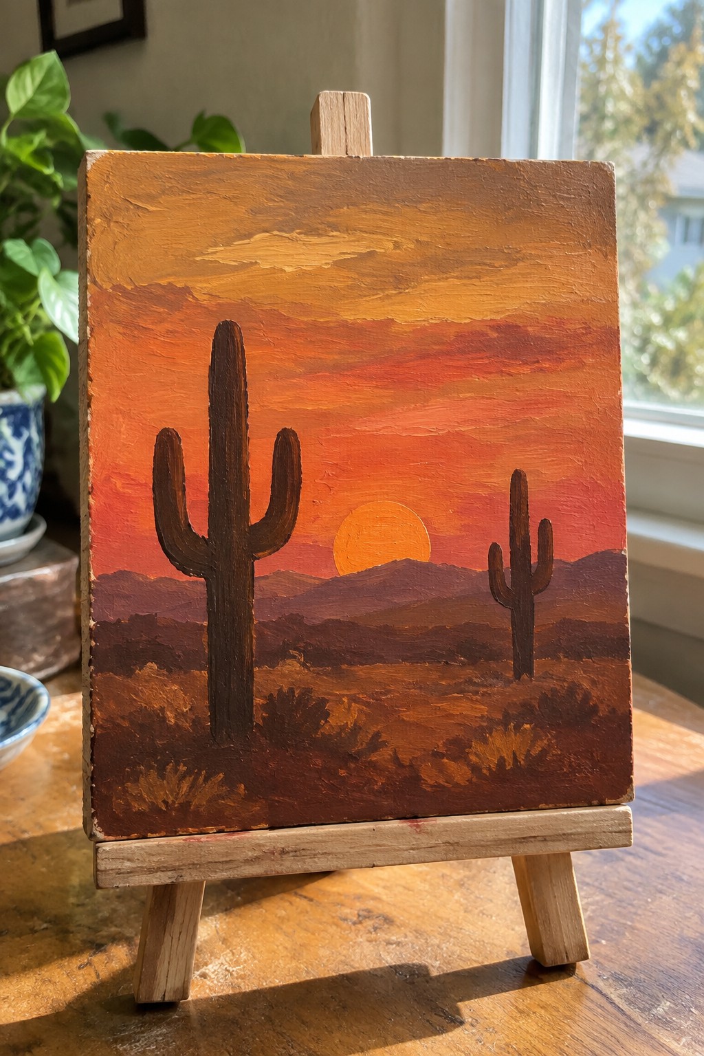 Vibrant impasto painting on easel of desert sunset with two saguaro cacti