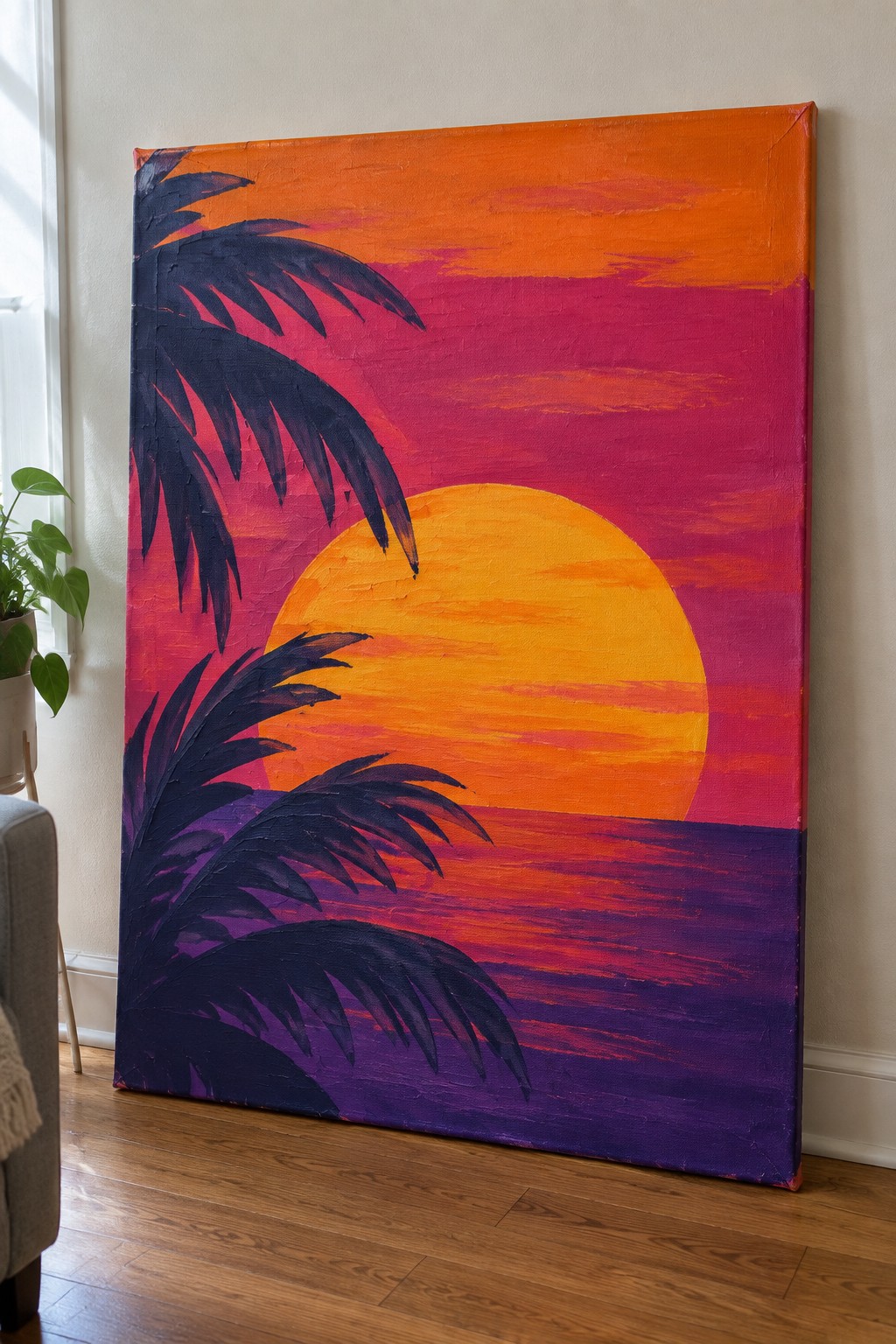 An acrylic painting of a sunset with a large yellow sun over purple water, an orange-to-pink sky gradient, and dark palm tree silhouettes on the left side.