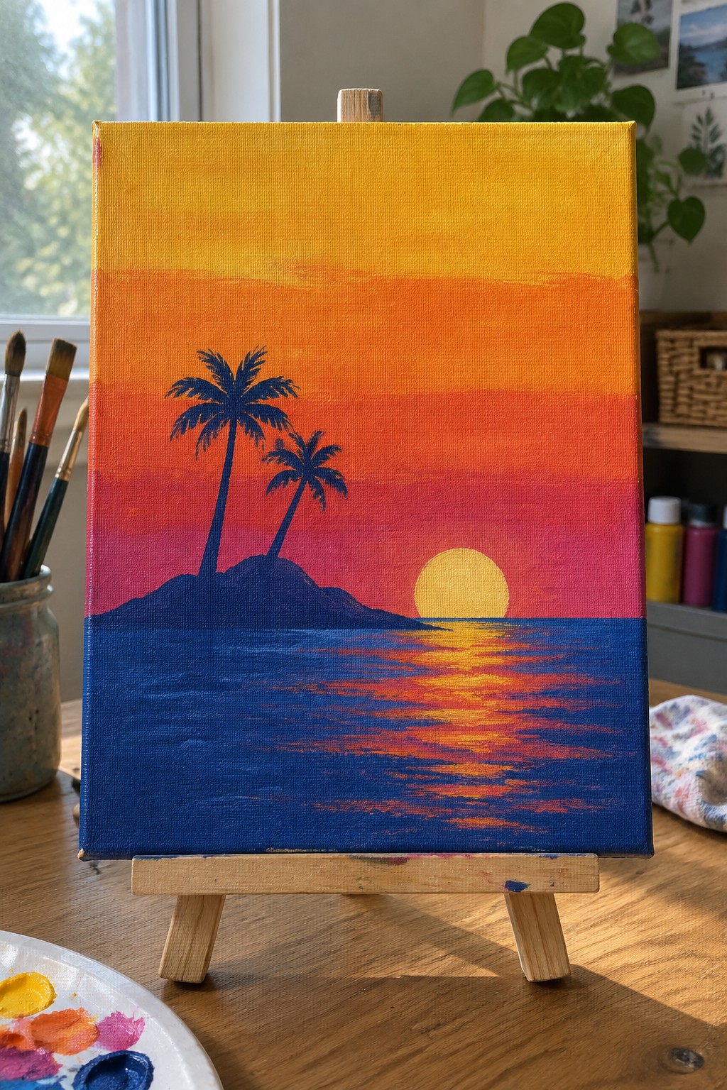 Vibrant sunset painting on easel with palm silhouettes over ocean reflections