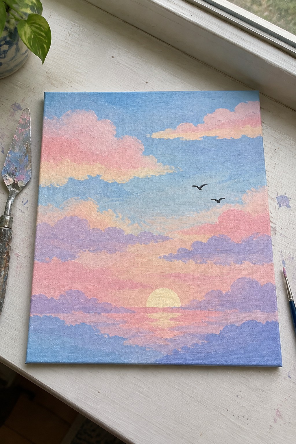 Pastel sunset painting on canvas with sun, clouds, birds beside palette knife and brush.