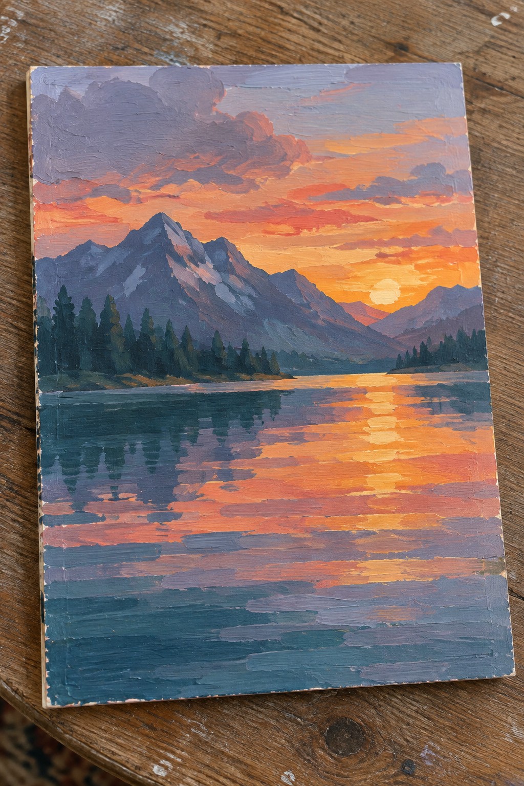 Impasto painting of vibrant sunset over mountains reflected in a calm lake