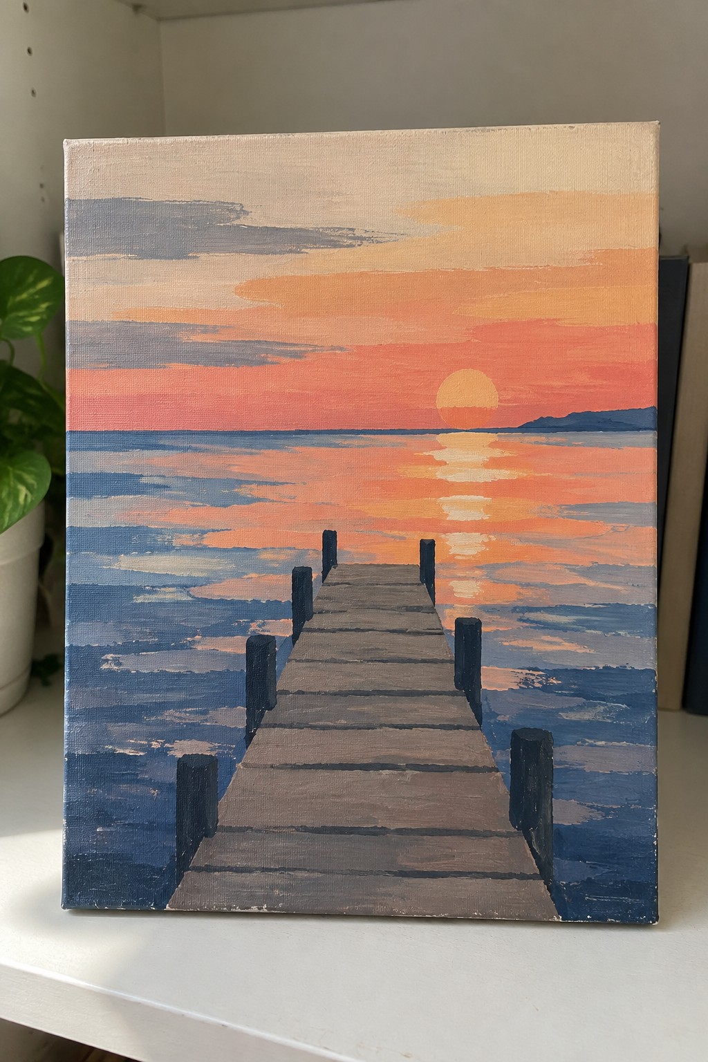 Impressionistic painting of a wooden pier at sunset over blue ocean with orange sky.