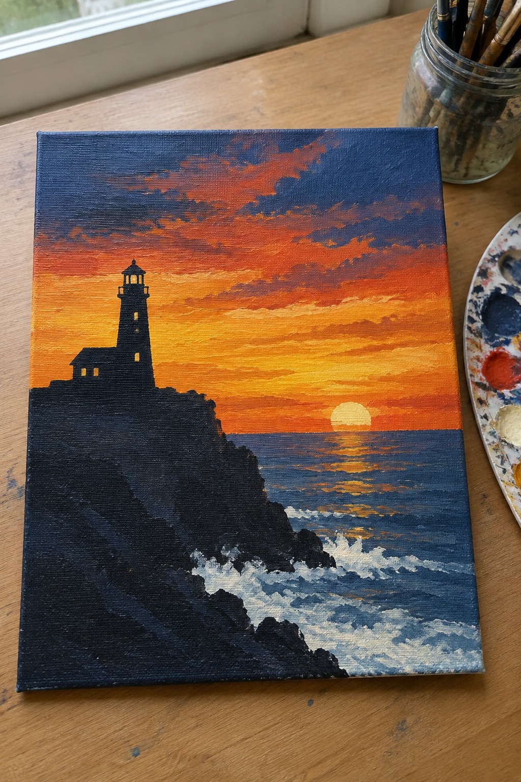 Canvas painting of silhouetted lighthouse on cliff at vibrant orange ocean sunset with waves