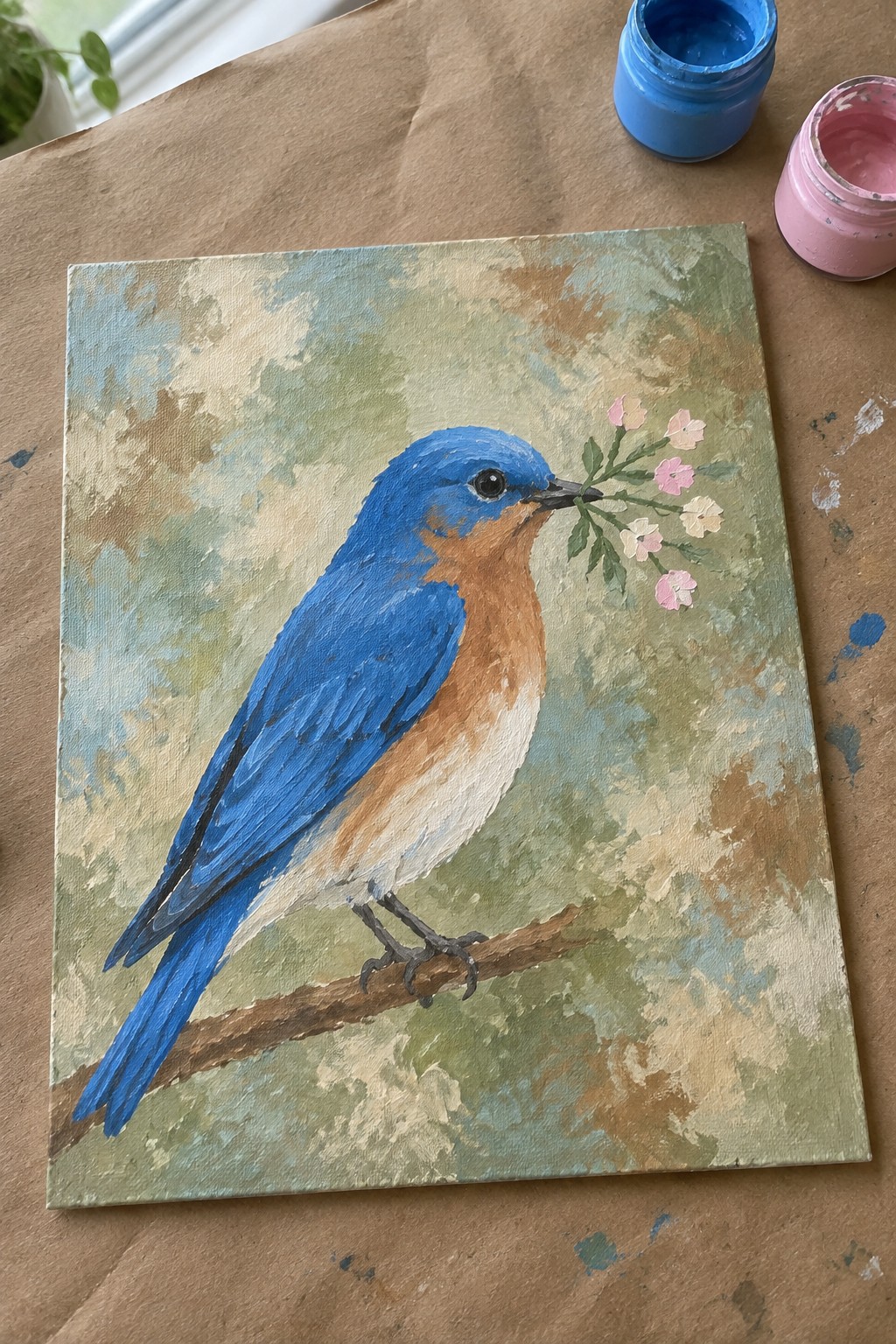 Colorful acrylic painting of bluebird holding pink flowers on branch with paint jars.