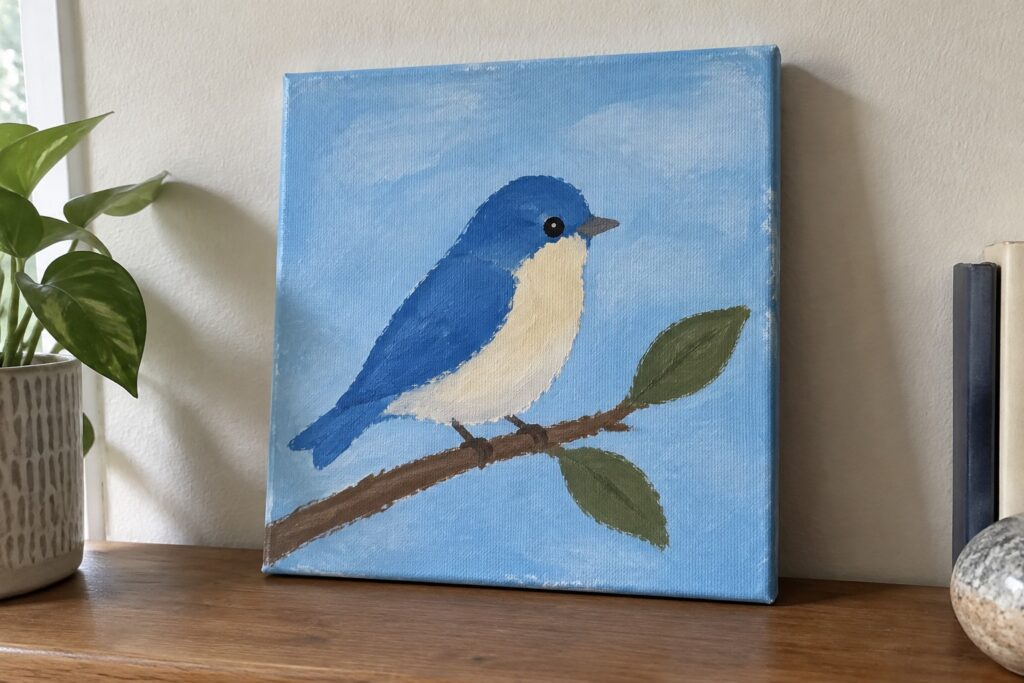 Blue and white bird perched on leafy branch against blue sky on canvas