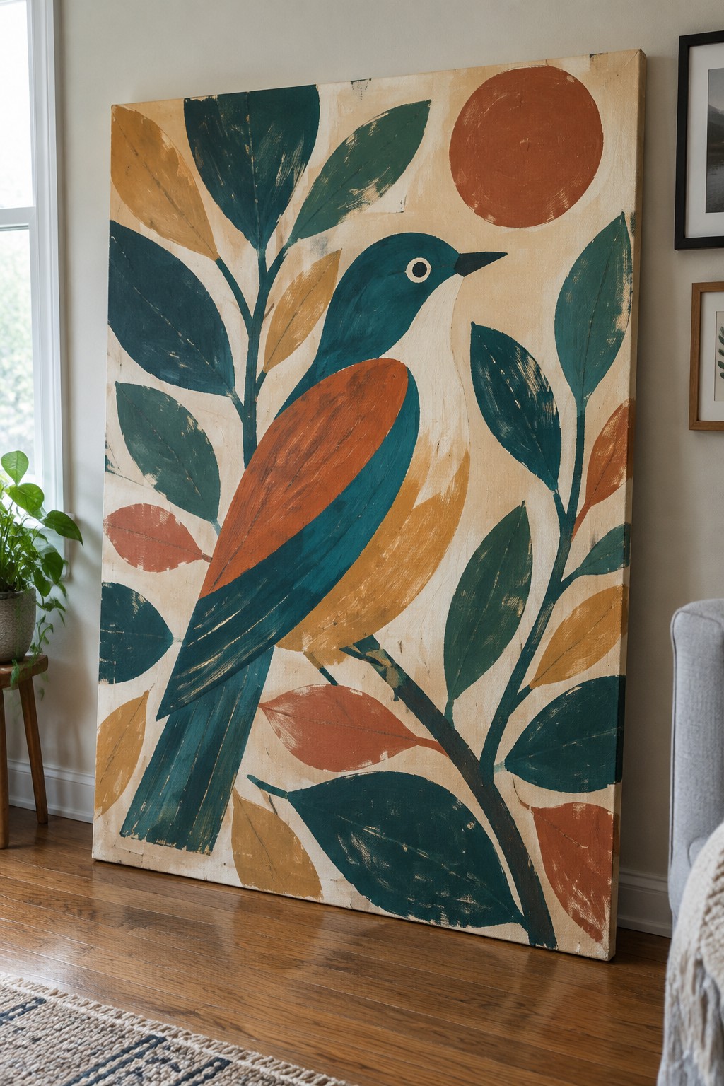 Large folk-art canvas of teal bird with orange wing amid leaves and sun