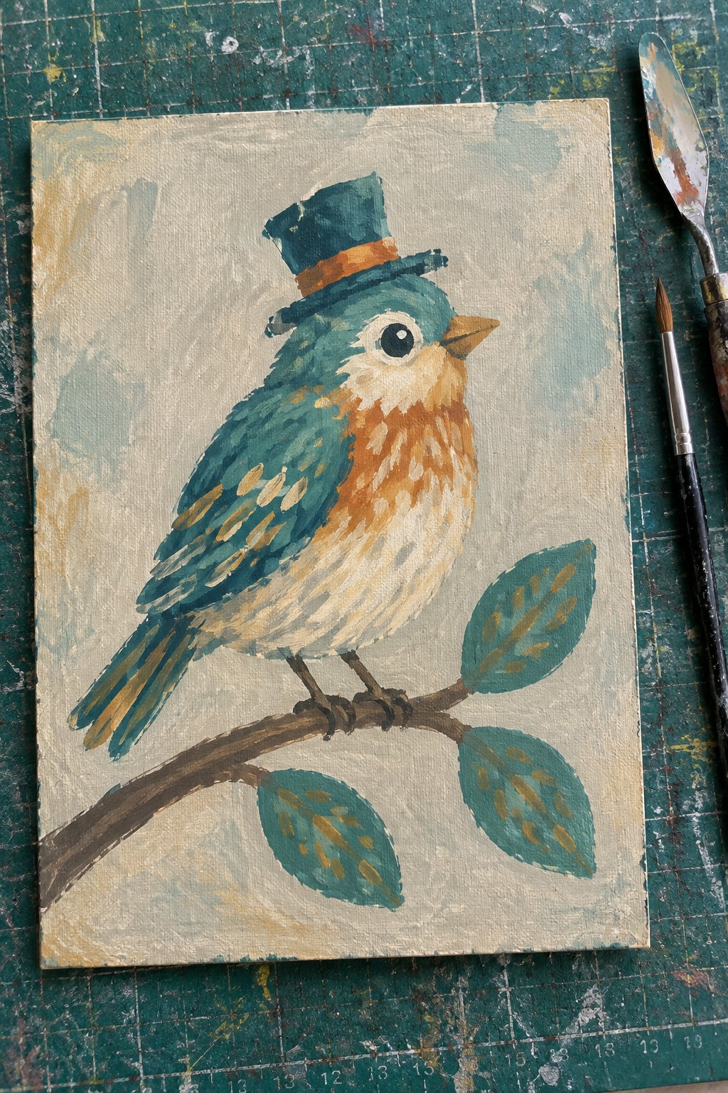 Whimsical painting of a teal bird in a top hat perched on a leafy branch