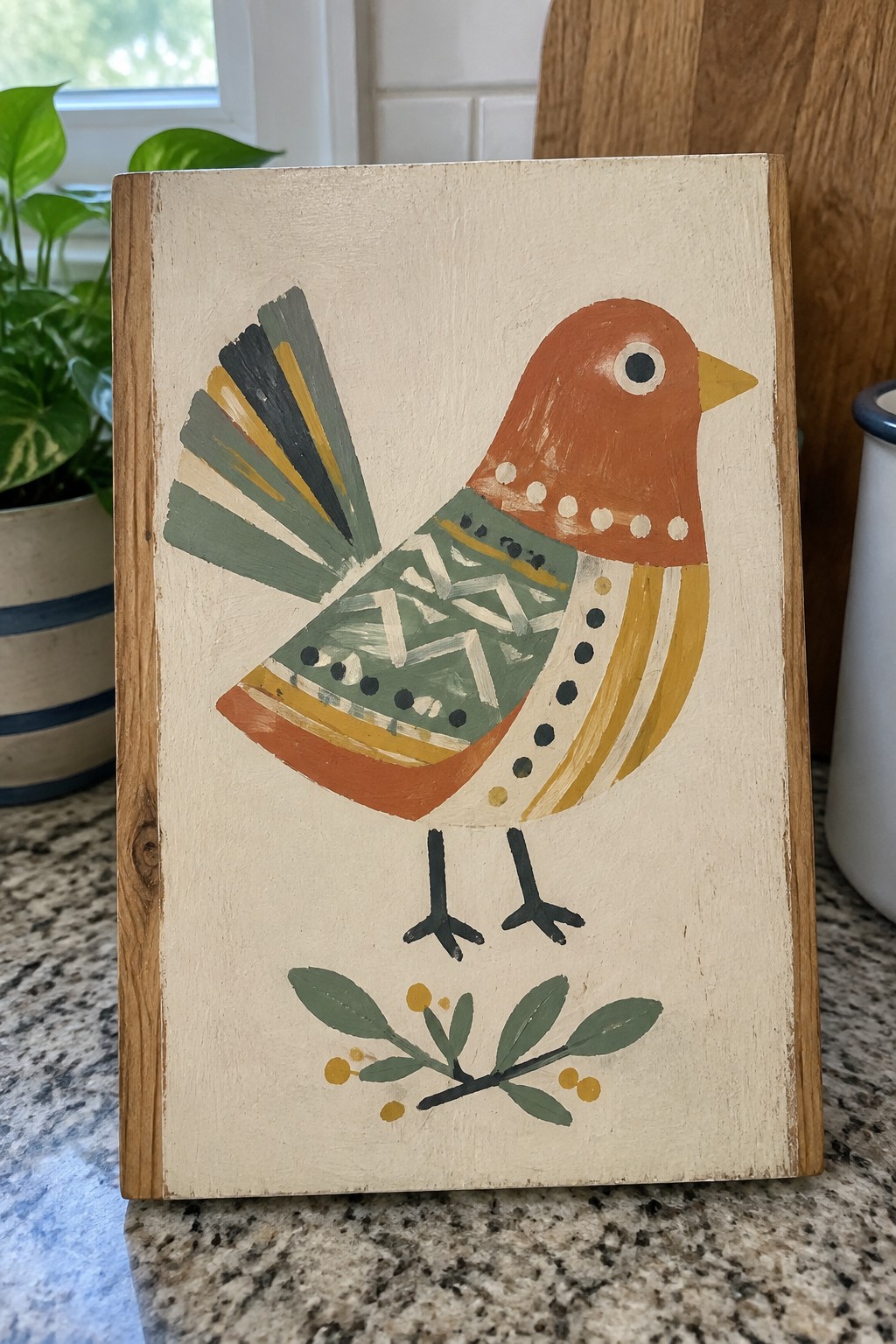 Colorful folk art bird with patterned wings on wooden plaque above berry branch