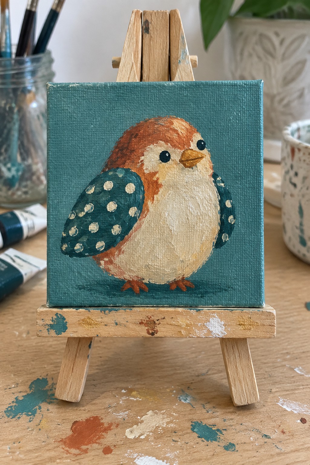 Whimsical bird with dotted teal wings on small canvas atop wooden easel.