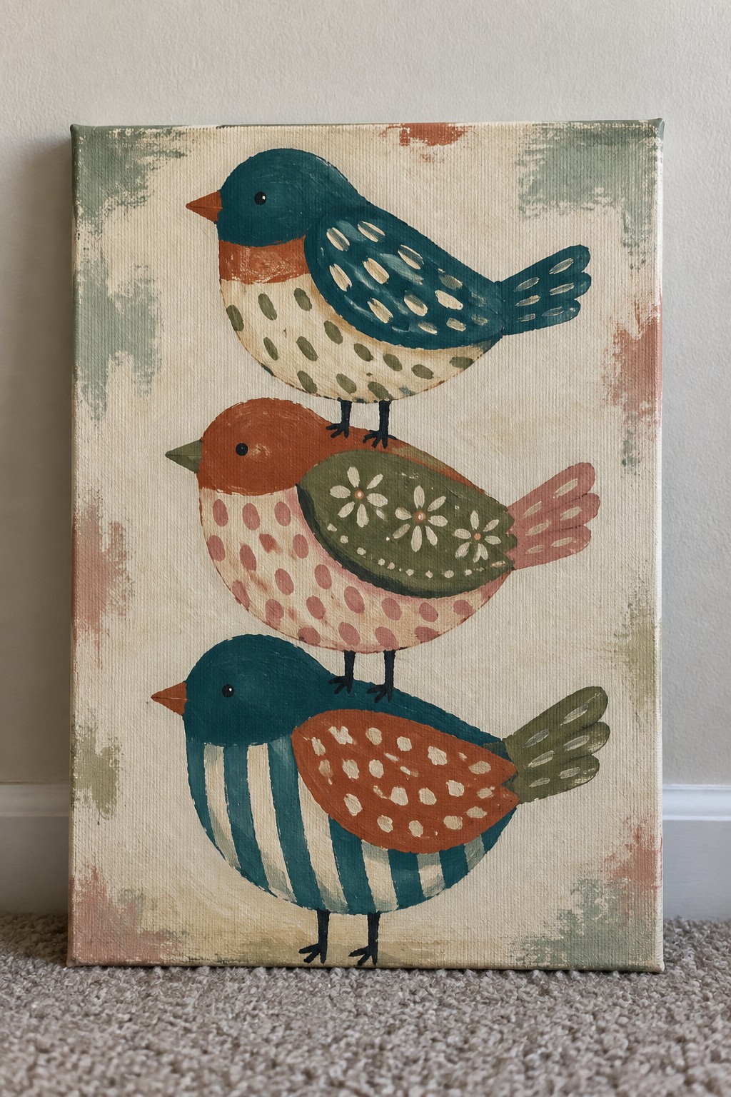 Three stacked whimsical birds with patterned wings on distressed canvas