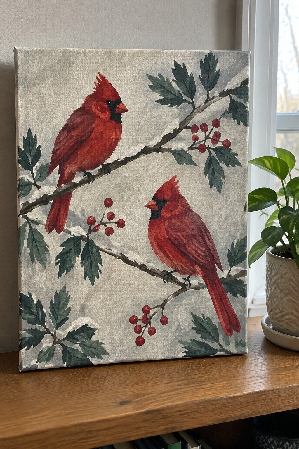 Two red cardinals perched on snow-covered branches with red berries and green leaves.