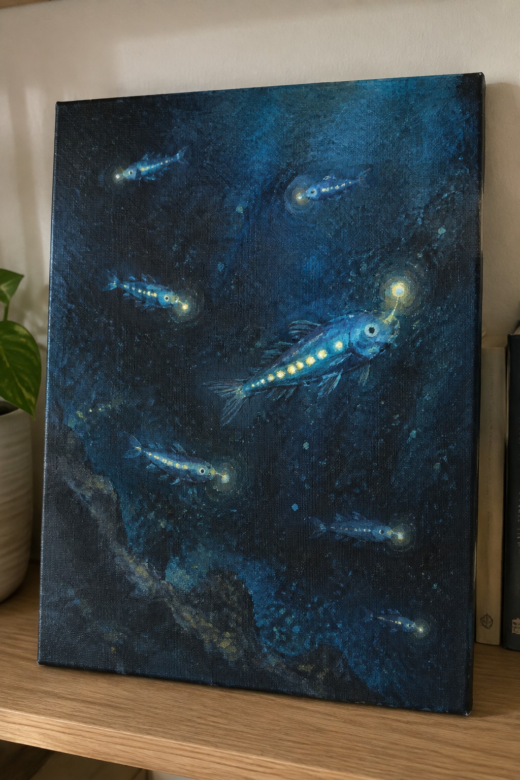 Canvas painting of glowing blue fish with yellow lights in dark blue underwater scene