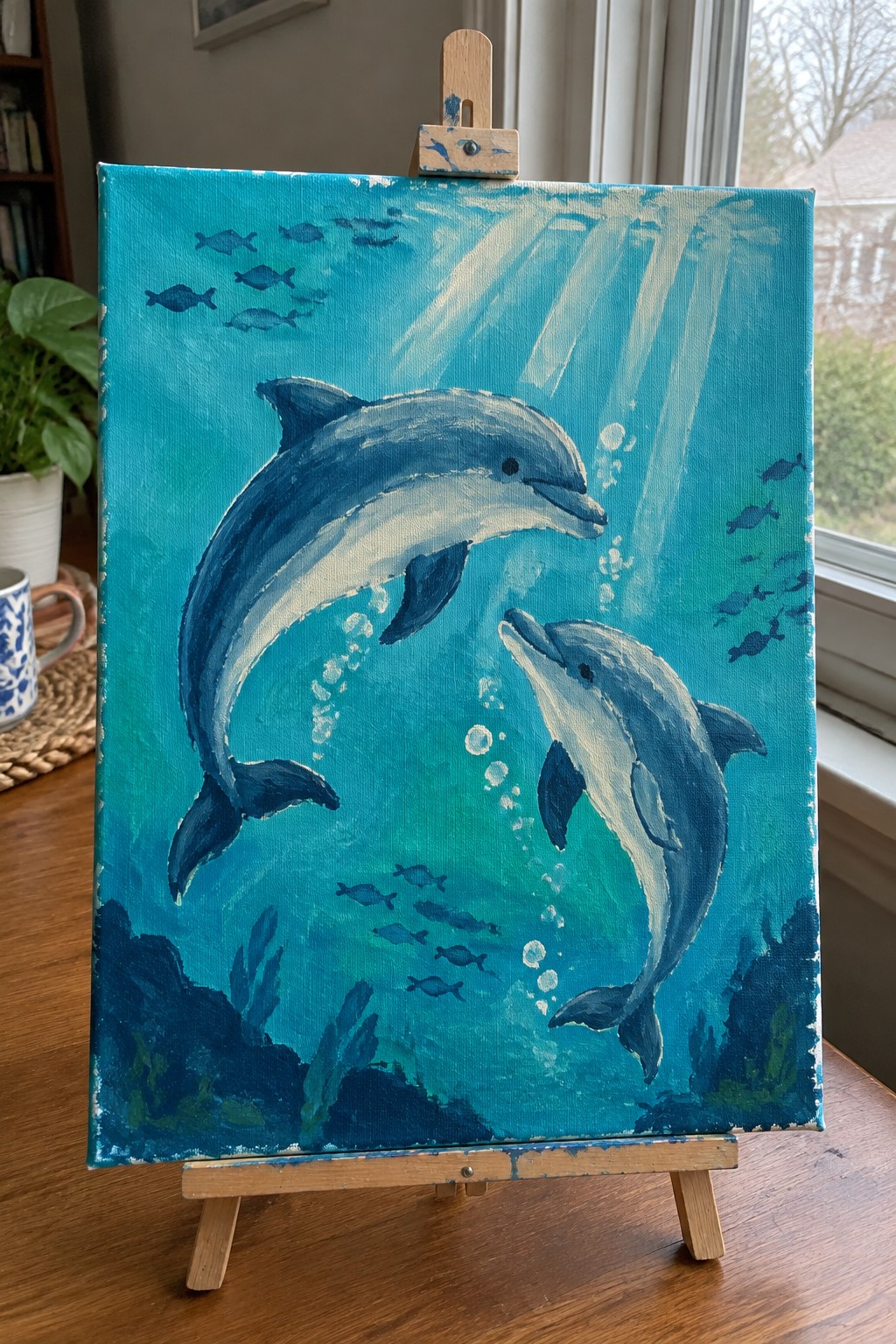 Two blue dolphins swim among fish and bubbles in sunlit turquoise water on easel