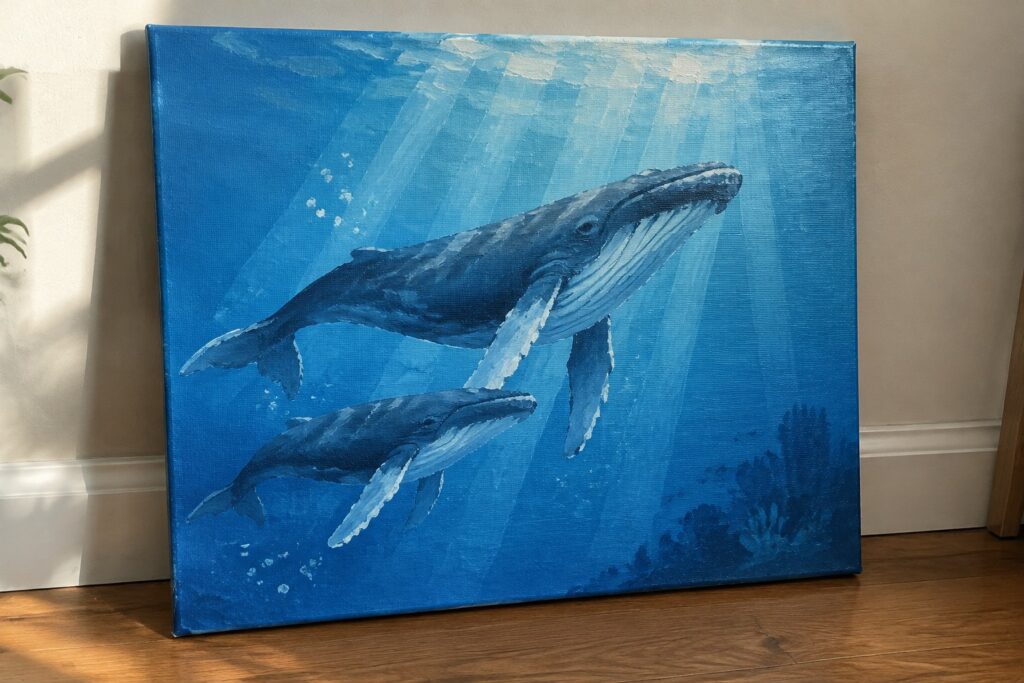 20 Amazing Ocean Animals Acrylic Painting Ideas Featuring Underwater Scenes Two humpback whales ascend through sunlit blue ocean waters in a canvas painting