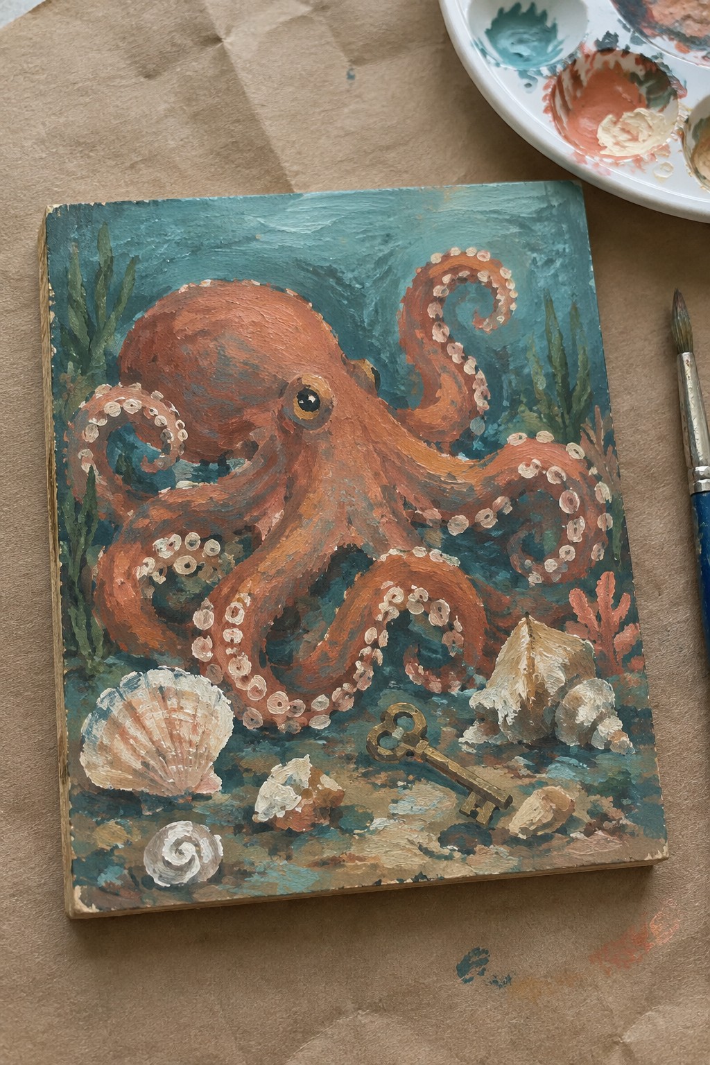 Orange octopus painting with shells, golden key, coral on teal underwater scene