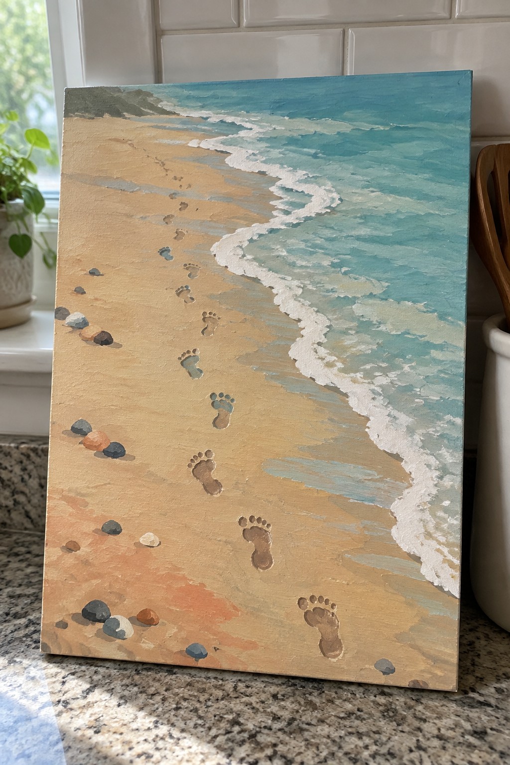 Beach painting with sandy footprints, turquoise waves, and pebbles on kitchen counter